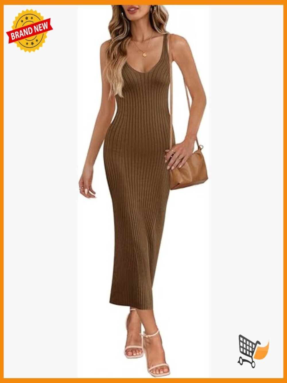 Women's V-Neck Sleeveless Ribbed Knit Midi Bodycon Dress